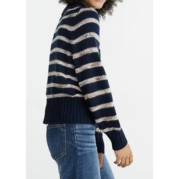 Madewell Striped Metcalf Chunky Knit Crew Neck Sweater Balloon Sleeve Navy Blue - Picture 3 of 10